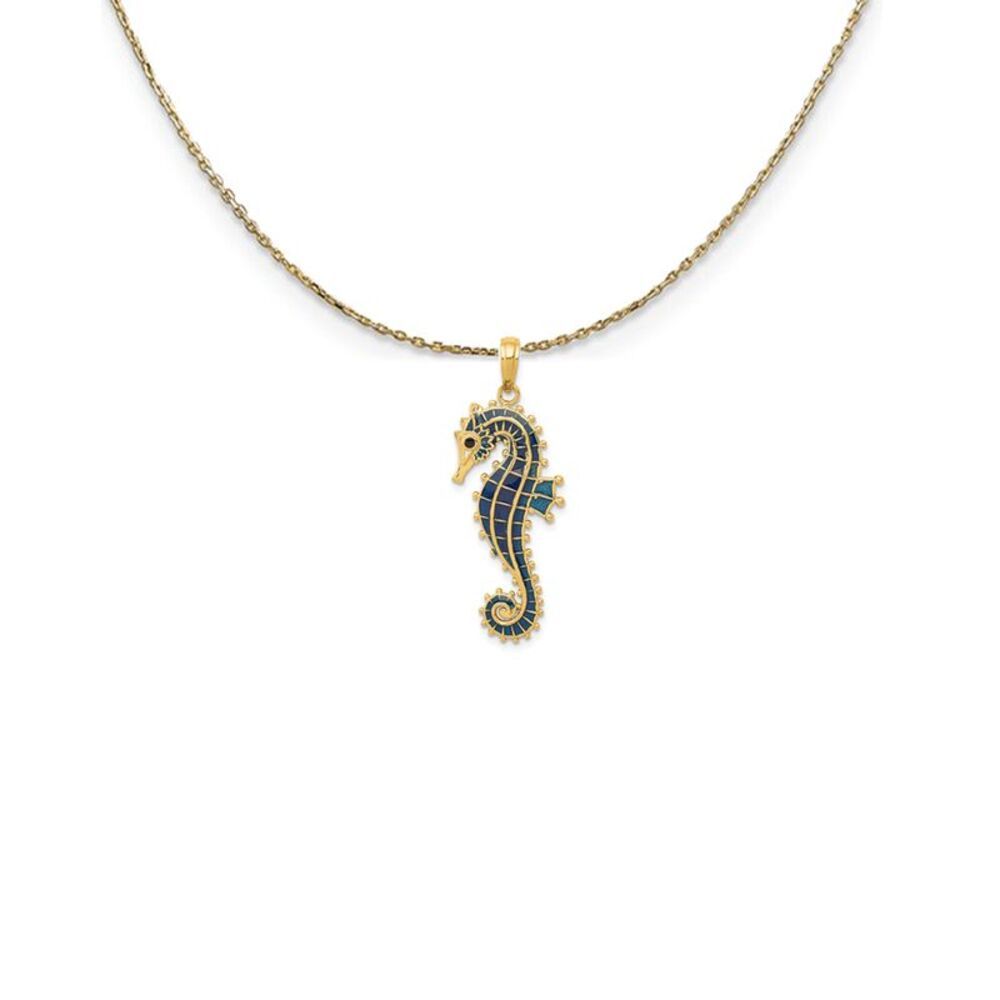 14k Yellow Gold Large Blue Enameled Seahorse Necklace - 24 Inch
